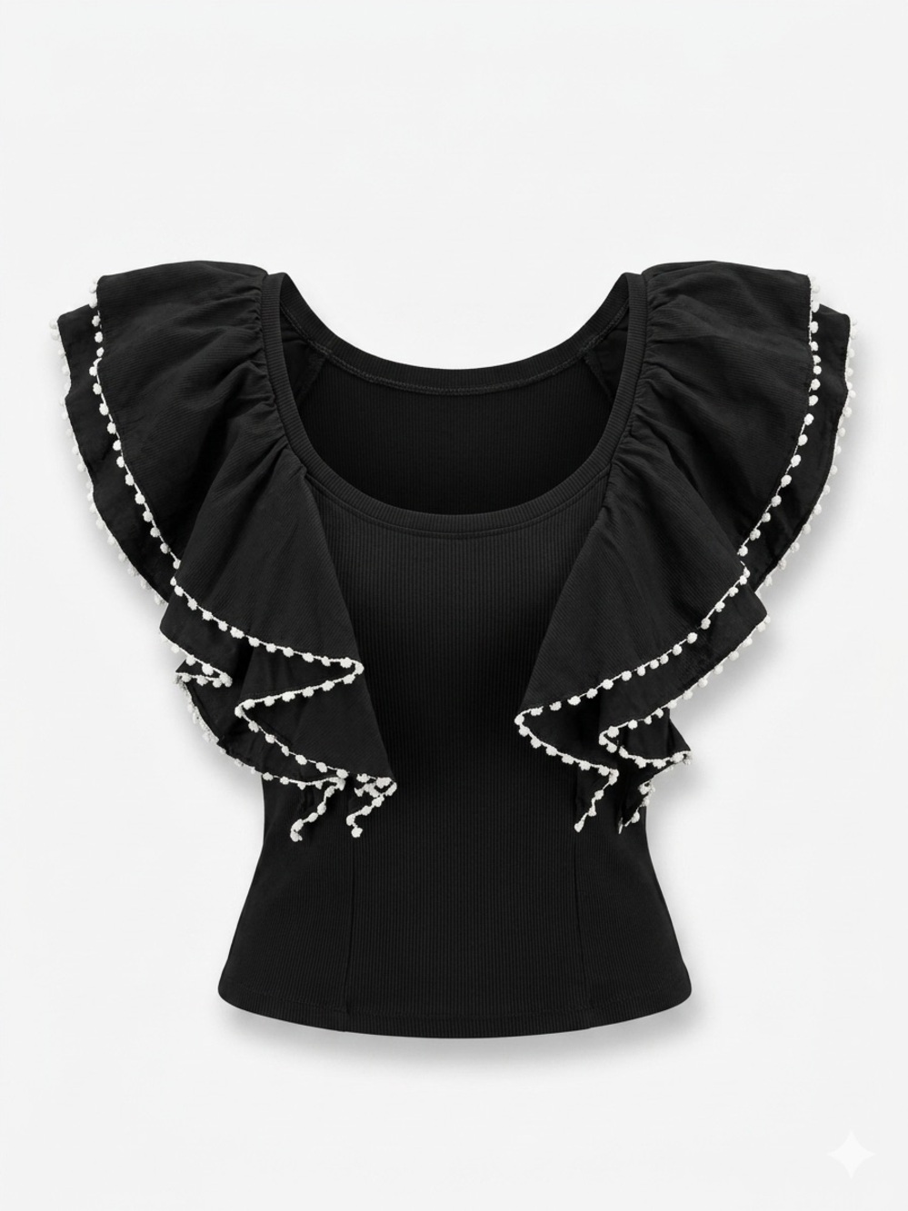 Anthropologie Black Ribbed Flutter Sleeve Pom Trim Nit Top Medium - Picture 3 of 8